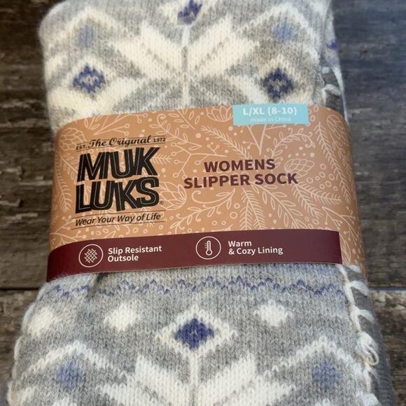 Muk Luks Womens Slipper Sock L XL 8 10 Gray Blue Knit Slip Resistant Cozy NWT - Picture 2 of 6